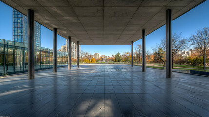 Fototapeta premium Concrete Canopy With Metal Columns Overlooking City Buildings And Trees Under Blue Sky