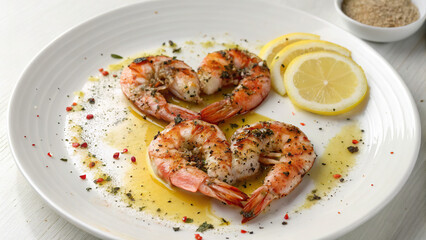 Shrimp in sauce, on a white background, in a white plate with lemons