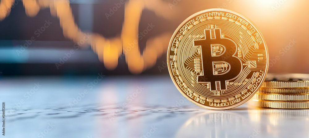 Poster a single gold bitcoin rests on a reflective surface, with a blurred stock market graph in the backgr