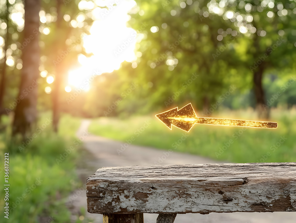 Poster rustic wooden surface with blurred background of sunlit path through lush green forest, featuring a 