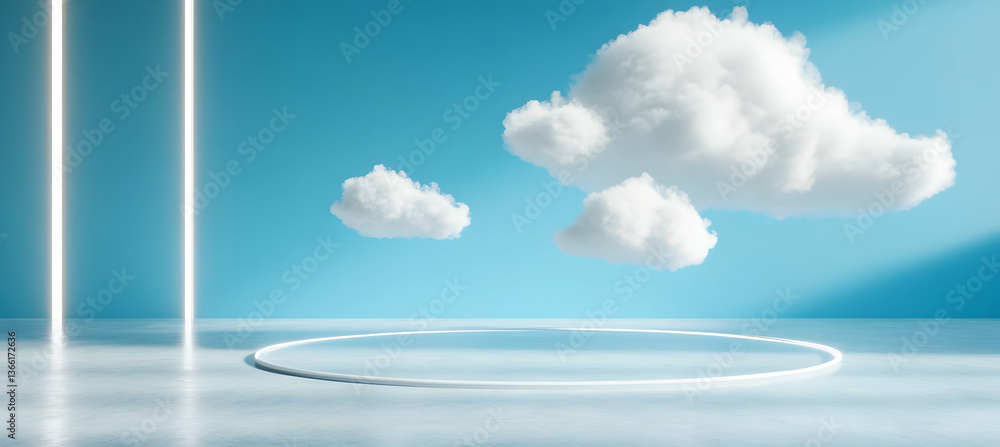 Poster serene scene of fluffy clouds floating above a circular platform in a minimalist, light blue studio 