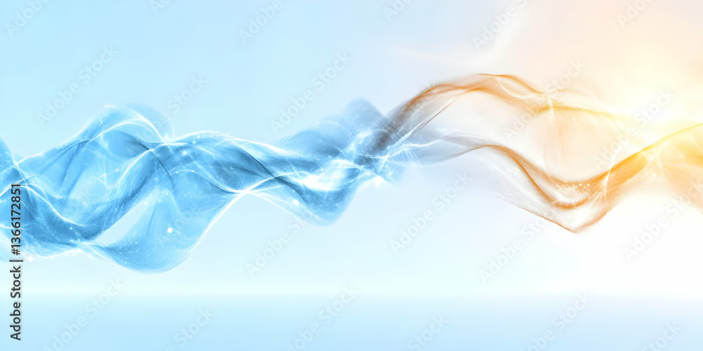 Poster abstract image of flowing, translucent waves in cool and warm colors. the forms blend and intertwine