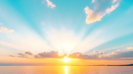 Obraz premium Serene sunset over calm ocean waters, sun rays bursting through clouds creating a breathtaking spectacle of color and light. Peaceful and idyllic scene