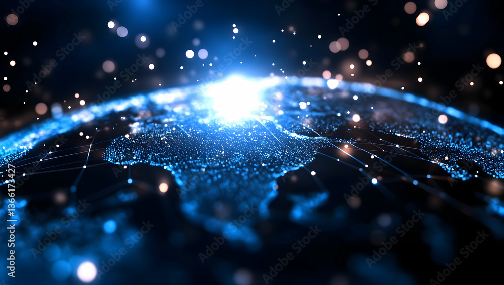Aufkleber glowing digital earth, showcasing global interconnectedness through a network of bright blue nodes a