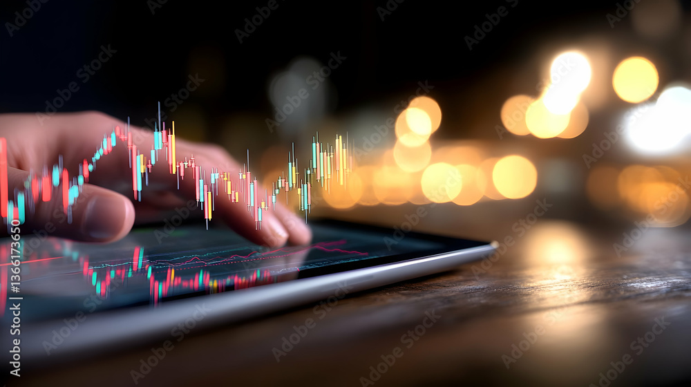 Poster hand interacts with a tablet displaying dynamic stock market data, visualized as a candlestick chart