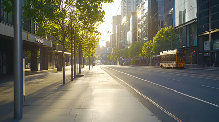 Fototapeta premium Sunlit City Street View With Trees Lining Sidewalks And Modern Buildings Creating A Contemporary Urban Atmosphere