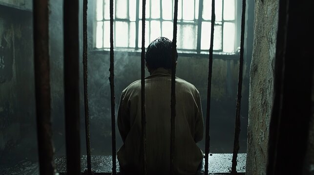 Prisoner seated behind bars in a dimly lit cell reflecting on solitude and confinement