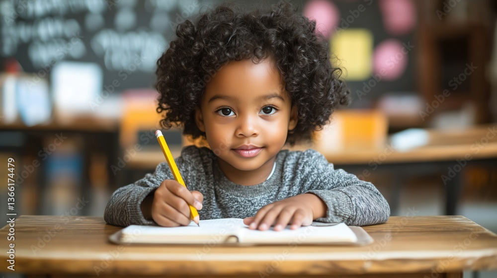 Poster young child engaged in learning while writing with a pencil in a classroom setting