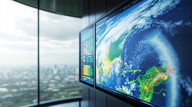 An AI powered weather prediction system analyzing global climate data to forecast extreme weather events with high accuracy, Environmental technology style, photo of