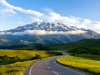 Fototapeta premium Scenic winding road through lush green hills leading towards a majestic snow-capped mountain range under a vibrant blue sky. Sunlight bathes the landscape creating a tranquil atmosphere