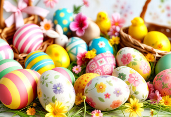 Fototapeta premium Colorful, painted, Easter eggs lying on a table, decorated with grass, flowers, a wicker basket, toy, decorative chickens and a rabbit