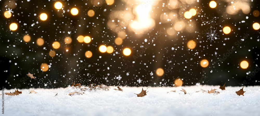 Poster snowy winter scene with falling snow and warm bokeh lights in the background. dried leaves rest on a