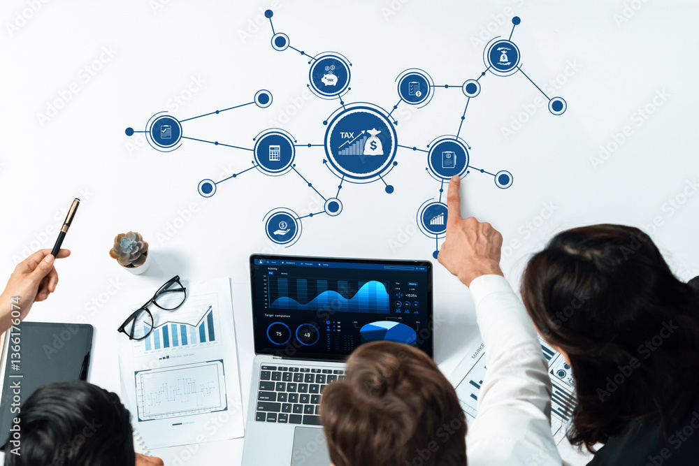 Poster a group of professionals collaborates in a modern office, examining tax data with charts and a lapto