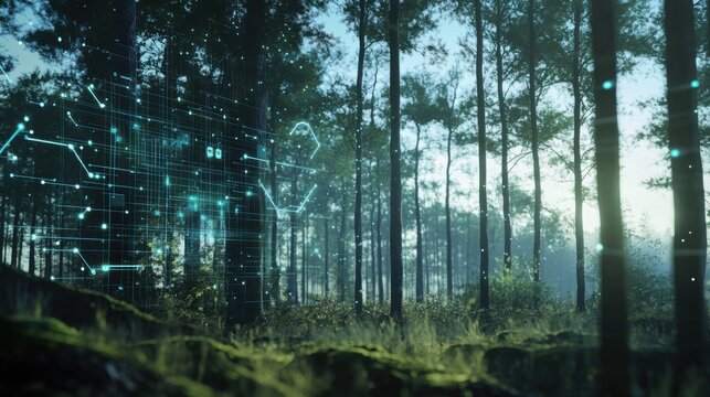 An AI powered wildlife tracking system monitoring animal movements and behaviors in real time for conservation efforts, Environmental technology style, photo of