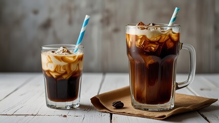 Cold brew coffee with milk on white wooden table