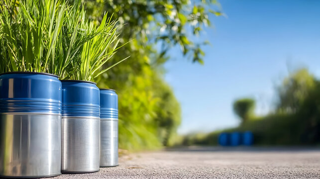 Three repurposed metal cans, painted blue and silver, are planted with vibrant green grass, situated along a paved path against a backdrop of lush greenery and a clear blue sky