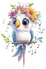 Naklejka premium Cute cartoon bird with floral crown and musical notes in colorful design