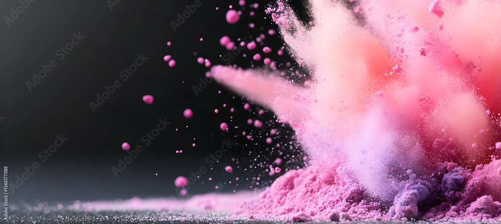 Poster vibrant pink and purple powder explodes against a dark background, creating a dynamic and colorful c
