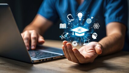 Creativity ideas, AI Artificial Intelligence, Education technology concept, Businesswomen Show AI light bulb icon, Training to develop new skills and knowledge. AI-enhanced learning, Generate Business