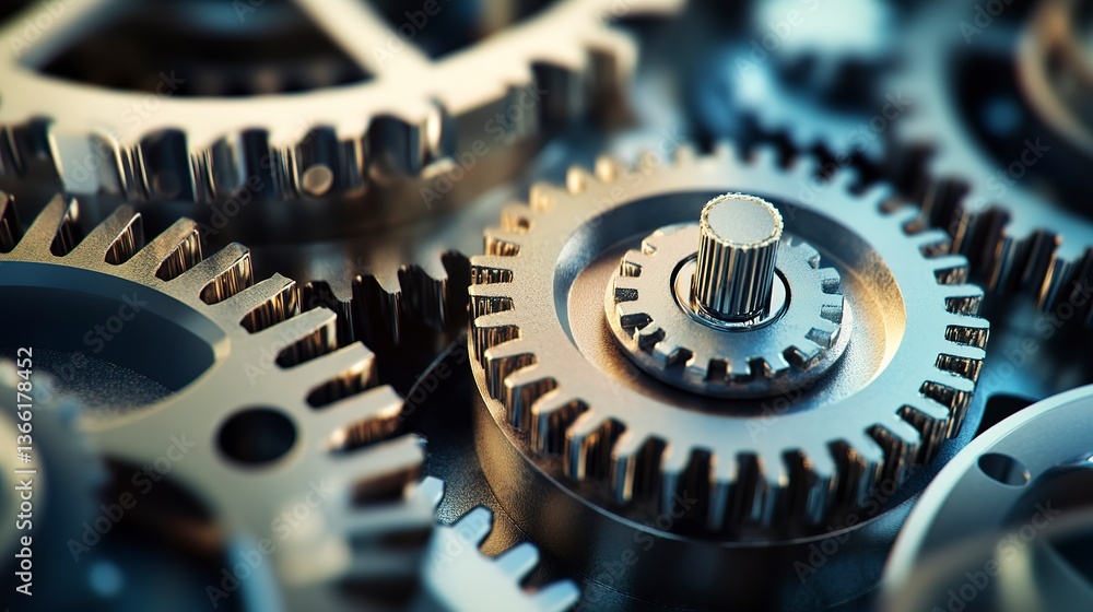 Poster machinery components interlocked in a synchronized manner representing quality assurance processes