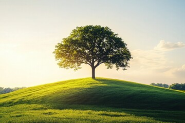 Fototapeta premium Lone tree atop a sunlit hill under a clear blue sky in a serene landscape.