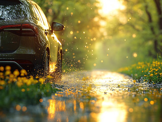 a car driving on a wet road at sunset, surrounded by greenery and yellow flowers. Water droplets are splashing around the car, creating a serene and picturesque scene.