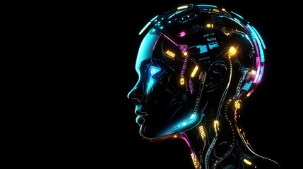 A sleek robotic head filled with colorful glowing circuits represents the advanced capabilities of artificial intelligence. The futuristic design and vibrant lights highlight the concept of AI