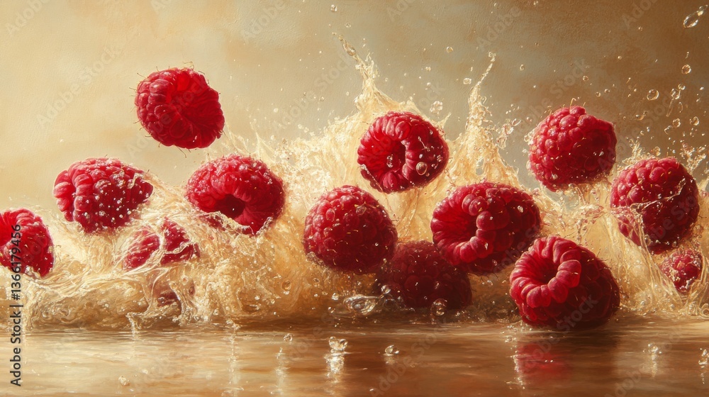 Aufkleber a vibrant and dynamic image of juicy raspberries splashing into water, creating an energetic motion 