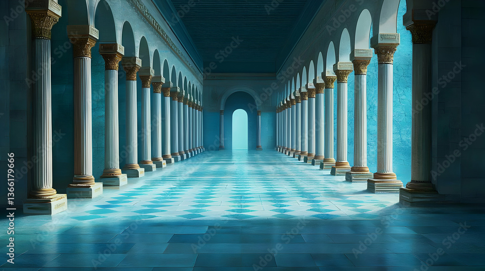 Poster long hallway with columns and mosaic floor illuminated by soft light inside an architectural buildin