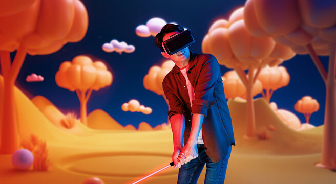 Skilled gamer wearing VR glasses while playing golf at metaverse or golf court with purple sky. Attractive golf player or athlete practicing sport skill while entering in simulated world. Ingenuity.