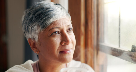Thinking, window and coffee with old woman at home for reflection, retirement and morning inspiration. Future, memory and relax with senior person in apartment for perspective, vision and wonder © BuyOutFelix01/peopleimages.com