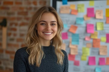 Business woman, tablet and smile for schedule planning, advertising or marketing at office. Happy female employee smiling with touchscreen for project