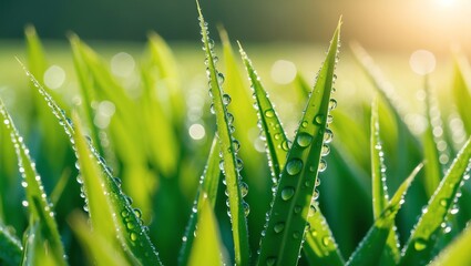 Nature Texture Background with Dewy Grass in the Morning Light