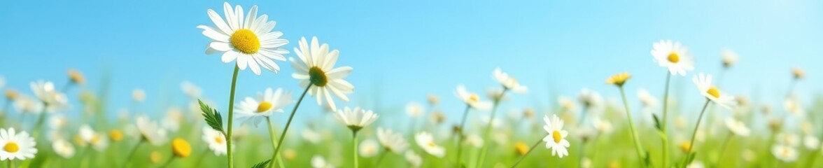 Single isolated daisy flower in a field against a clear blue sky on white background, flowers, flora, petals