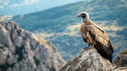 A large, beautiful vulture with a beard sits on a rocky mountain in the Pyrenees. It shows the beauty of wild animals in their home.