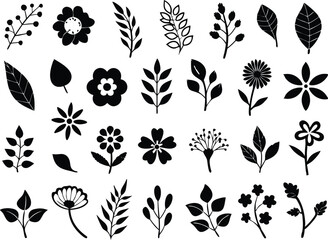 Botanical silhouettes of diverse plant species with floral and herb outlines in a vintage herbarium style

