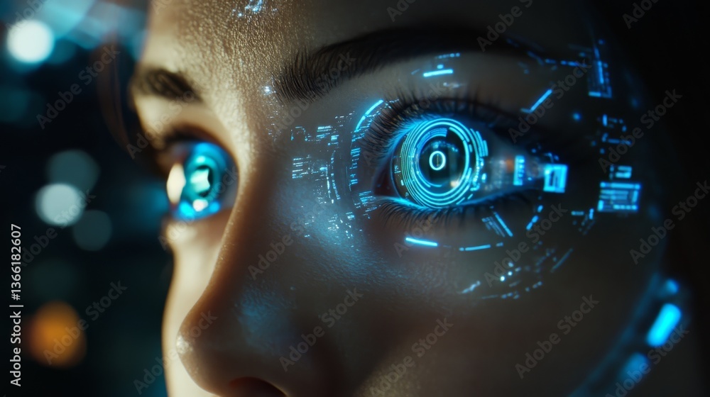 Poster a mesmerizing close-up of a human eye enhanced with glowing blue digital circuitry, symbolizing adva