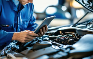A car mechanic in a blue uniform is using a tablet computer to check the battery of an electric vehicle