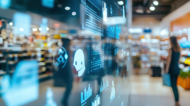 An AI powered system analyzing consumer data to optimize retail strategies, retail store with real-time customer behavior data and sales analysis, Retail technology style