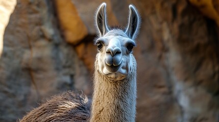 Obraz premium A llama is in its home. It has a long neck and soft fur. The land around it is brown, making it look grand.
