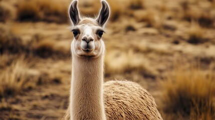 Obraz premium A llama is in its home. It has a long neck and soft fur. The land around it is brown, making it look grand.