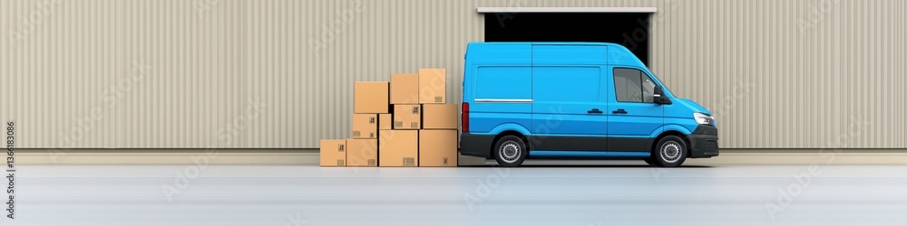 Aufkleber a blue van is parked in front of a building with a stack of boxes on the ground. the van is carrying