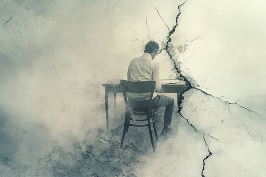 A surreal portrayal of a person merging with their desk and chair, as if theyve become one with their work.Job fatigue,overworking burnout,workaholic stress.