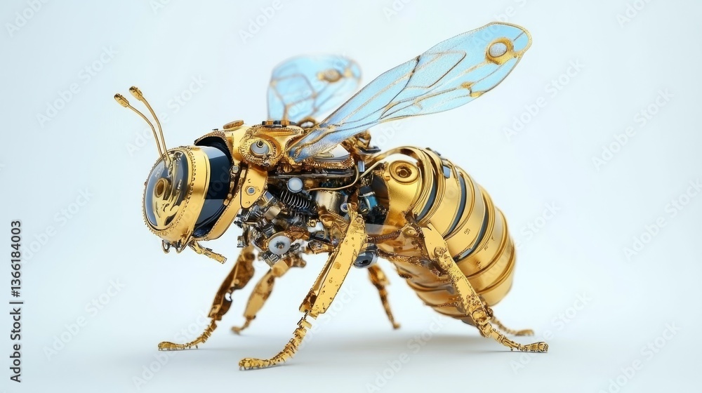 Poster a stunning mechanical bee with a golden body and transparent wings. the intricate details of gears a