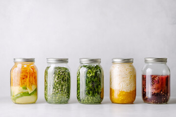 Colorful display of fermented foods in glass jars representing healthy probiotic cuisineb