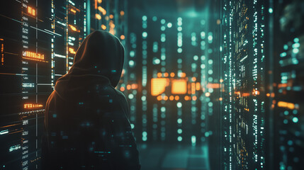 Fototapeta premium Hackers are planning to hack and attack Zeroday networks and cyber security systems in Smart digital city with Data center on cloud cyber security and Blue Binary Data Software Programming Code