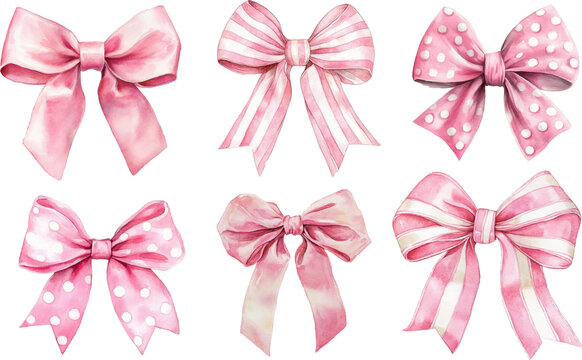 Watercolor clipart with different pink bows on a white background. Isolated children's illustration for textile and packaging
