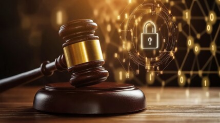 Wooden Gavel with Glowing Digital Padlock and Binary Code Background