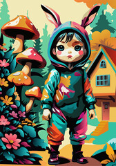 Cute cartoon girl with house and mushrooms