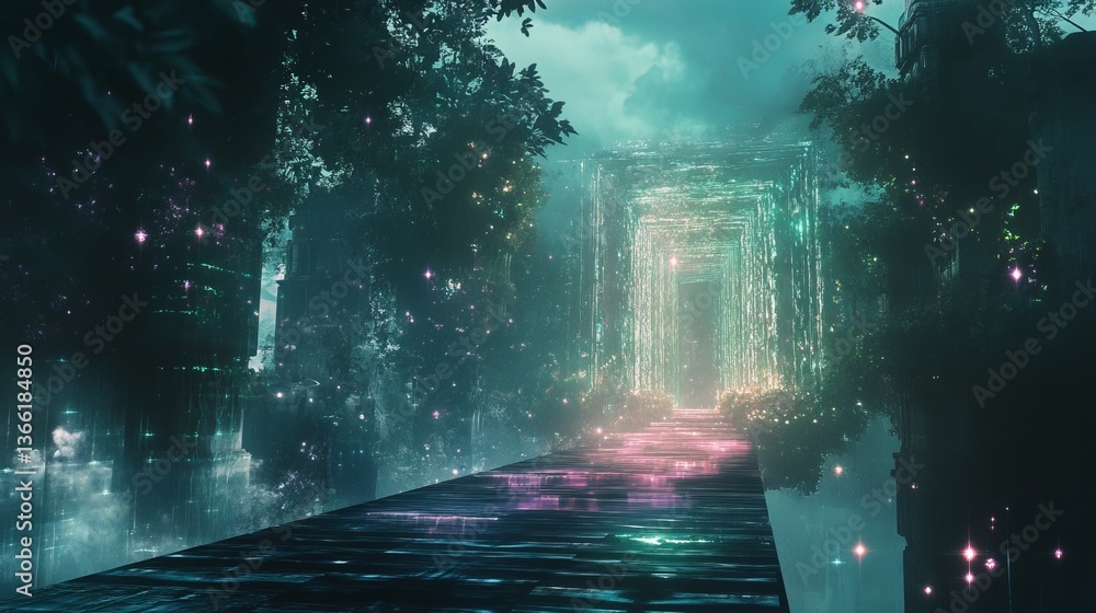 Poster a mystical glowing portal emerges in a misty forest, surrounded by towering trees and magical lights